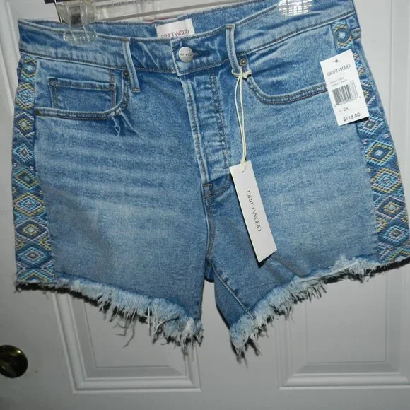 Driftwood Lulu Goldie Frayed Jean Shorts blue Aztec medium wash NWT/NEW
